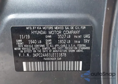 2020 Hyundai Accent Sel из США, поврежденный, VIN 3KPC24A61LE111878